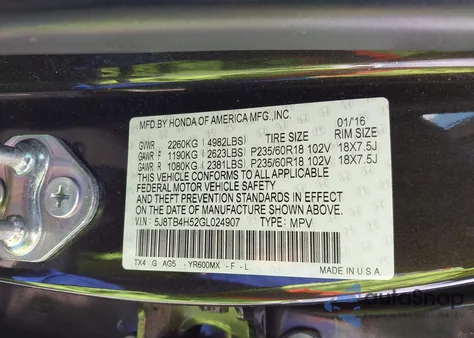 2016 Acura Rdx Technology Acurawatch Plus Packages/Technology Package from USA, damaged, VIN 5J8TB4H52GL024907
